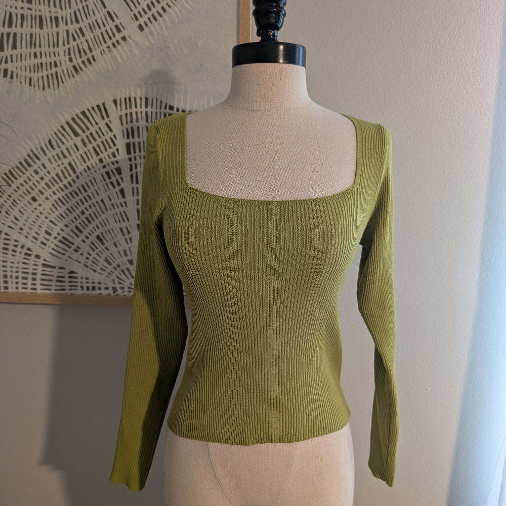 Sincerely Jules Green Square Neck Ribbed Sweater